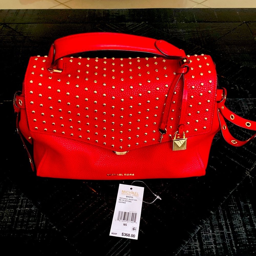 Michael Kors, Bristol Medium Studded Leather Satchel.Red color